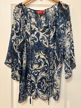Jeanbay by Carmen Sheer Blue and Black Printed Top, Size M
